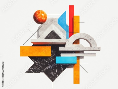 Playful exploration of oversized geometric shapes in bright colors whimsical arrangement digital art environment abstract viewpoint
