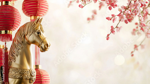 beautiful golden horse symbol of asian chinese new year 2026 with chinese lanterns and flowers
