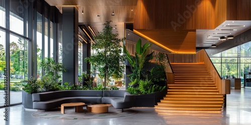 Eco-friendly urban living space promoting wellness through natural light and green design elements