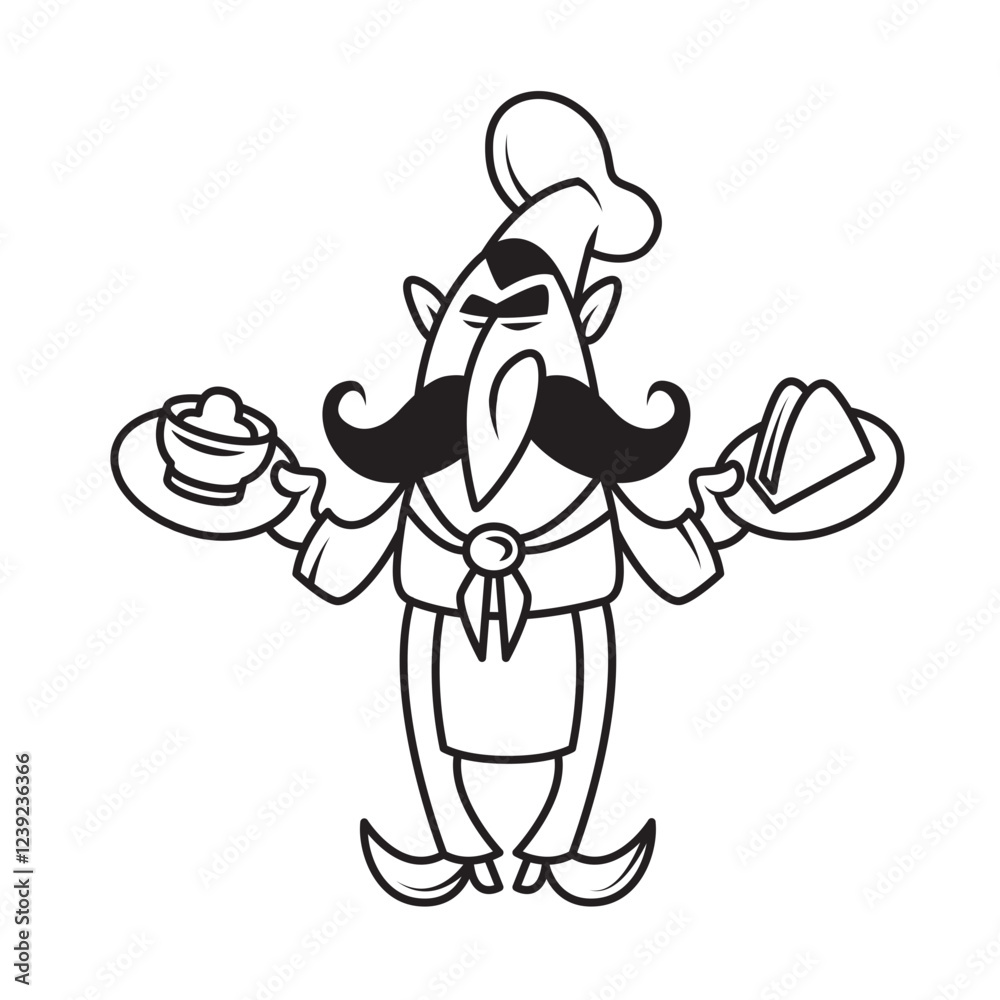Naklejka premium Logo male cook. Chef holds a ready dish. Kitchen. Cooking. Drawing. Minimalism. Linear isolated character. Outline.