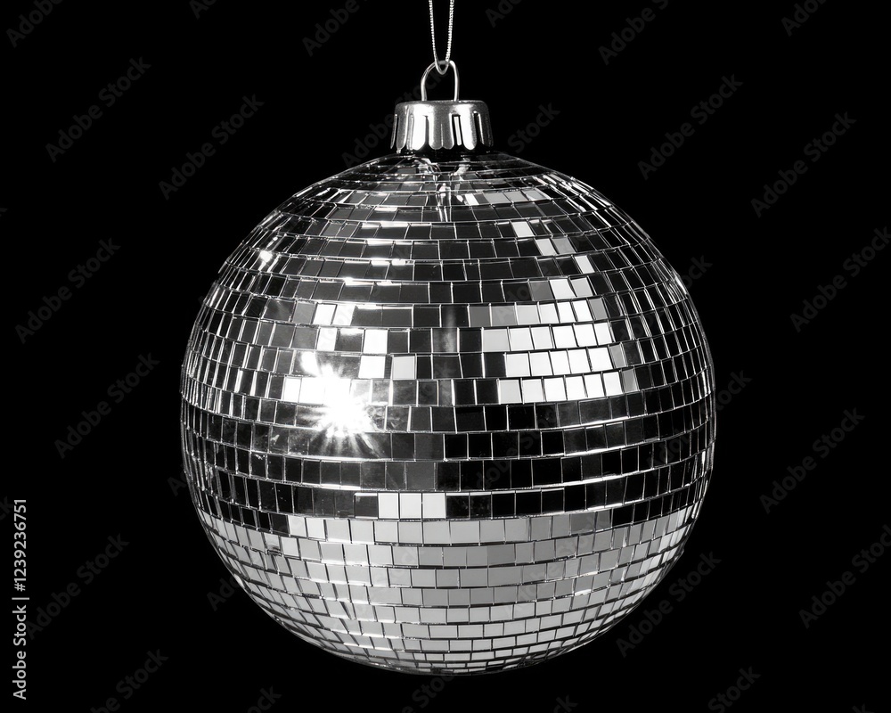 Fototapeta premium Shimmering Silver Mirror Ball on Black Background, Perfect for Disco, Entertainment, and Nightlife Themes