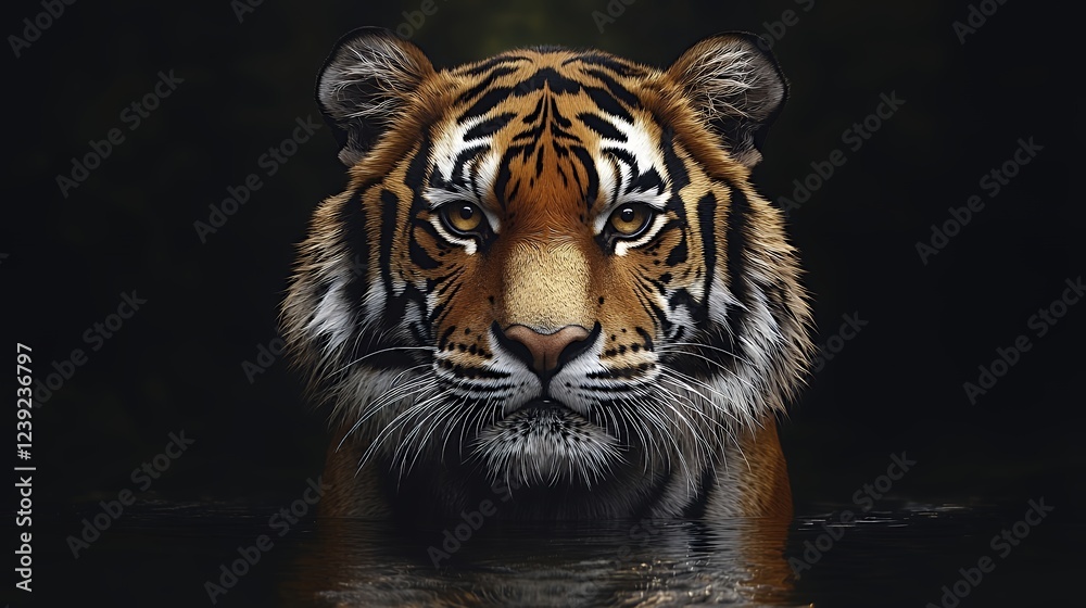 Fototapeta premium Majestic Tiger Portrait: Dark Water, Intense Gaze, Dramatic Lighting