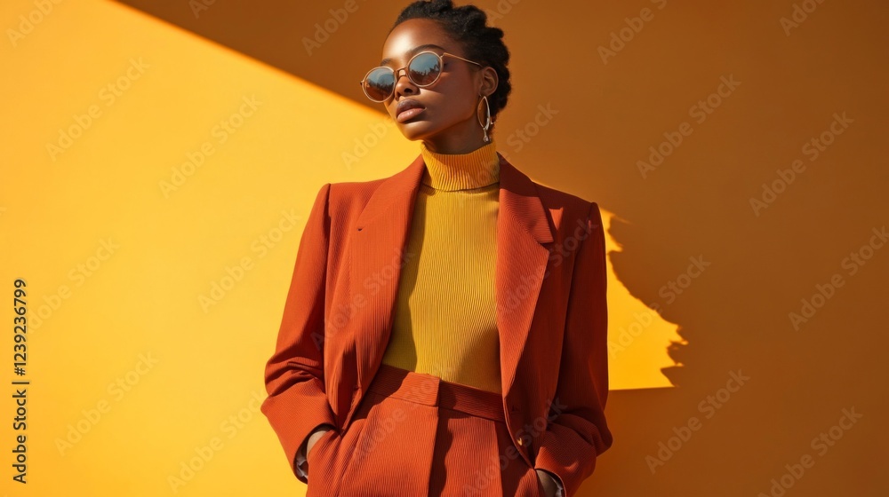 Obraz premium Stylish Woman in Orange Suit Posing Against Yellow Wall