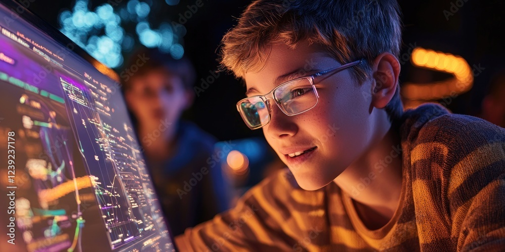 A teacher guiding students on a thrilling school field trip, navigating through a science center with hands-on exhibits A teacher guiding students on a thrilling school field trip, navigating through a science center with hands-on exhibits