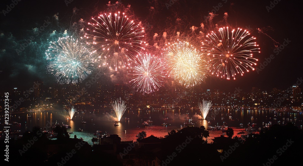 Obraz premium Colorful Fireworks Display Over Cityscape at Night with Reflections on Water in Festive Atmosphere
