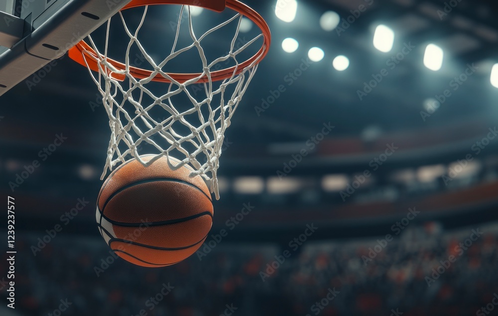 Basketball Swish Through Net in Arena Basketball Swish Through Net in Arena