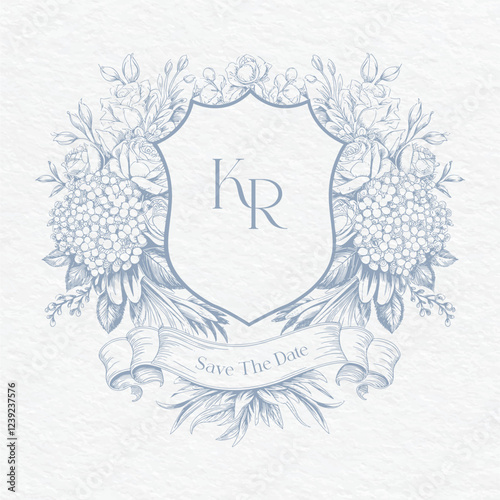 Wedding monogram with KR initials. Rose Floral monogram crest design. Elegant wedding crest design.