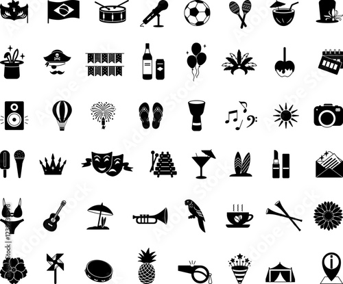 Black Brazil Carnival Icon Set. Vector Icons Mask, Brazil Flag, Drum, Microphone, Soccer Ball, Maracas, Coconut Cocktail, Carnival Hat, Cachaca, Candy Apple, Garlands, Darbuka, Confetti, and More