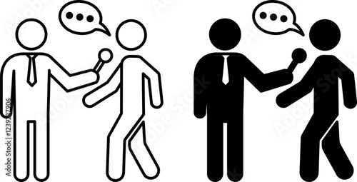 Interview Icons. Black and White Vector Icons. Journalist with Microphone Interviewing a Person. Population Survey. Journalism Concept