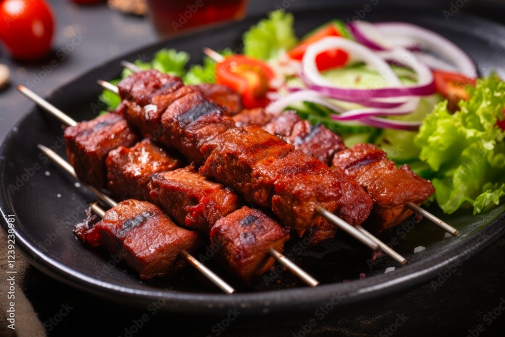 Tasty African Suya Kebabs on Skewers with Fresh Veggies and Ketchup. Close-up of Spicy Grilled Meat Snack Traditional Bar-B-Q Meal Tasty African Suya Kebabs on Skewers with Fresh Veggies and Ketchup. Close-up of Spicy Grilled Meat Snack Traditional Bar-B-Q Meal