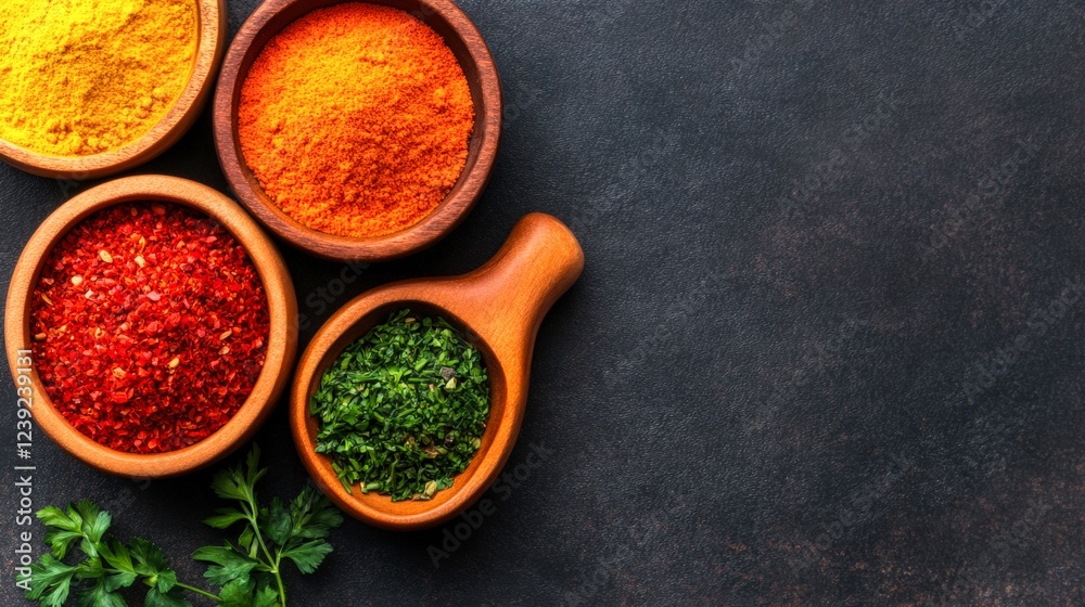 A vibrant arrangement of spices in wooden bowls showcases colorful powders and herbs on a textured background, Ideal for culinary blogs, recipes, or food-related content, A vibrant arrangement of spices in wooden bowls showcases colorful powders and herbs on a textured background, Ideal for culinary blogs, recipes, or food-related content,