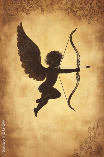 A vintage-style illustration of a Cupid silhouette flying with open wings, drawing a bow with an arrow, set against an ornate aged parchment background