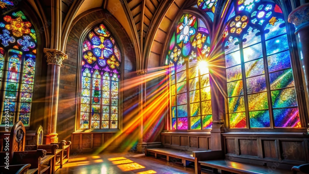 Sunlit Stained Glass Window in Church Interior Sunlit Stained Glass Window in Church Interior