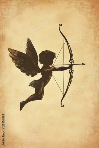 A vintage-style silhouette illustration of a Cupid flying with open wings, drawing a bow with an arrow, set against an aged parchment background with ornate details