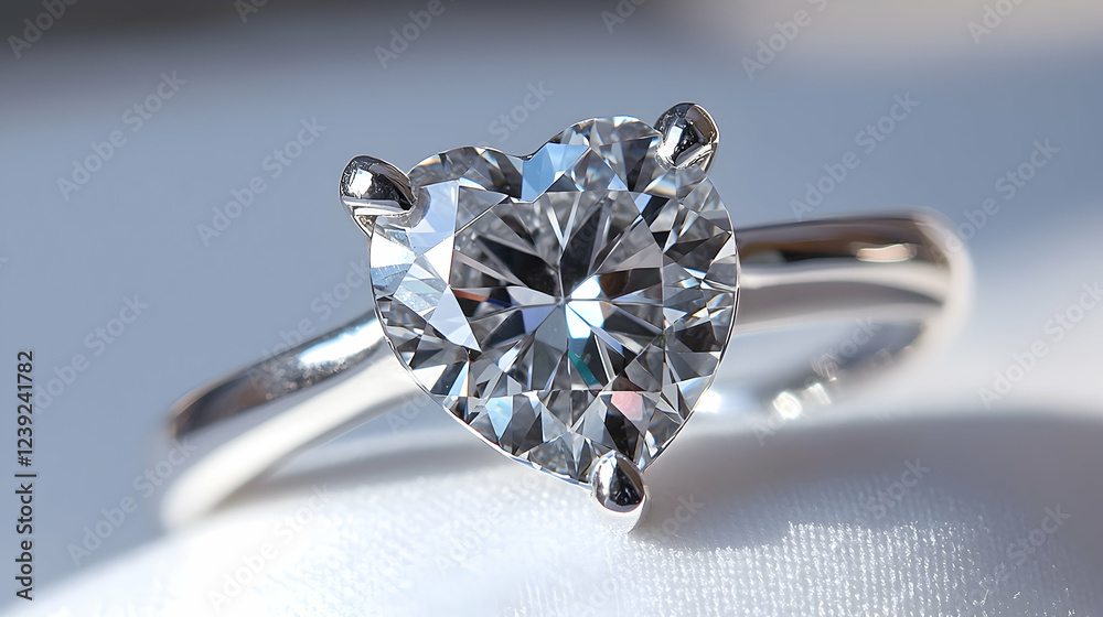 A single engagement ring with a heart-shaped diamond on a white cushion against pure white background A single engagement ring with a heart-shaped diamond on a white cushion against pure white background