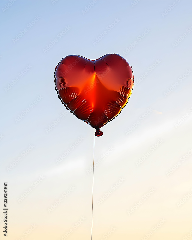 Fototapeta premium A single heart-shaped balloon floating in the sky at sunset against pure white background