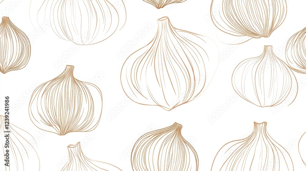 Fototapeta premium Golden Onion Line Art Pattern, Food Background