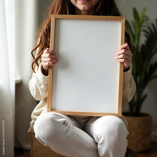 A sitting girl holds a photo frame in her hands. Photo frame mockup
