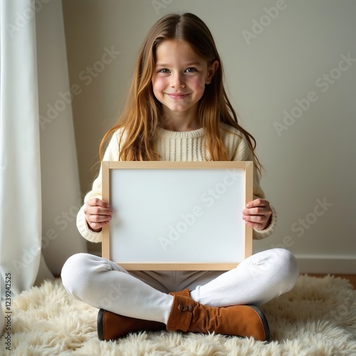 A sitting girl holds a photo frame in her hands. Photo frame mockup