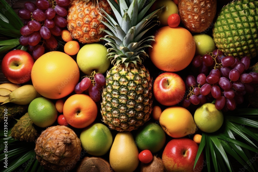 Top View of Fresh and Colorful Tropical Fruits Mix on Green Background - Ripe Pineapple and Assorted Fruits to Satisfy Your Cravings Top View of Fresh and Colorful Tropical Fruits Mix on Green Background - Ripe Pineapple and Assorted Fruits to Satisfy Your Cravings