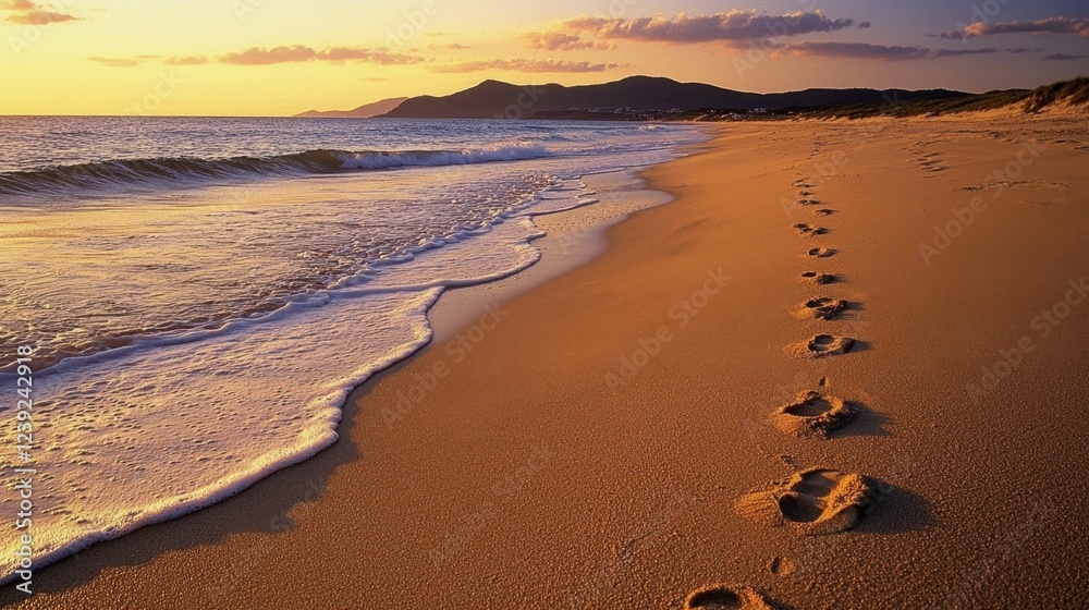 Tranquil Sunset Over a Serene Beach with Footprints in the Sand Tranquil Sunset Over a Serene Beach with Footprints in the Sand