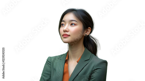 Young asian businesswoman looking up with a transparent background