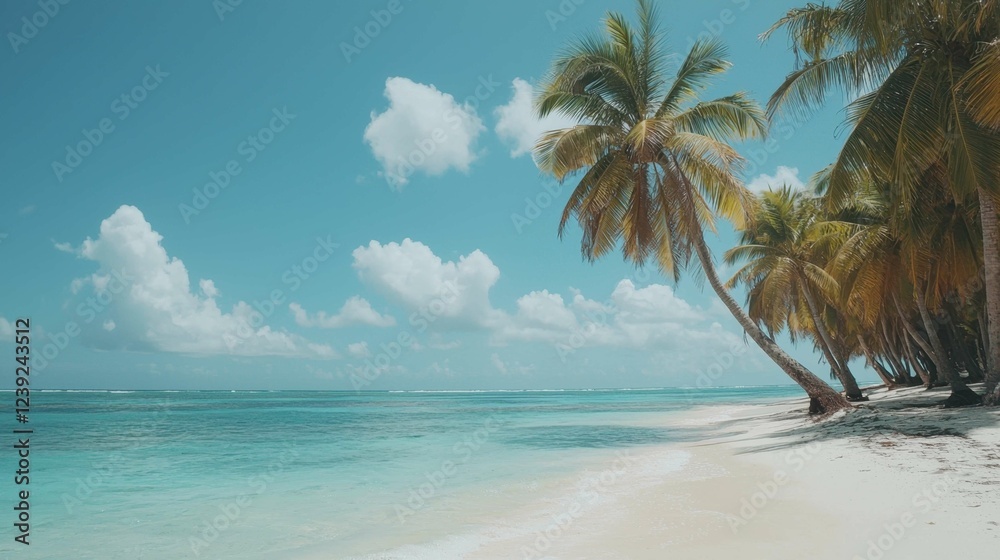 Obraz premium Serene Tropical Beach with Palm Trees and Clear Blue Sky