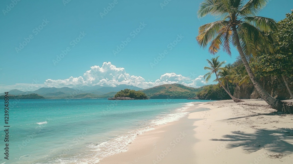 Tranquil Beach Scene with Clear Water and Lush Palm Trees Tranquil Beach Scene with Clear Water and Lush Palm Trees