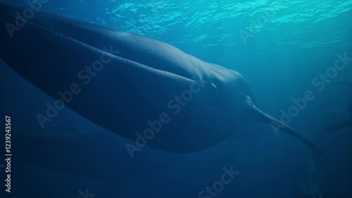 A group of blue whales swims under the ocean surface