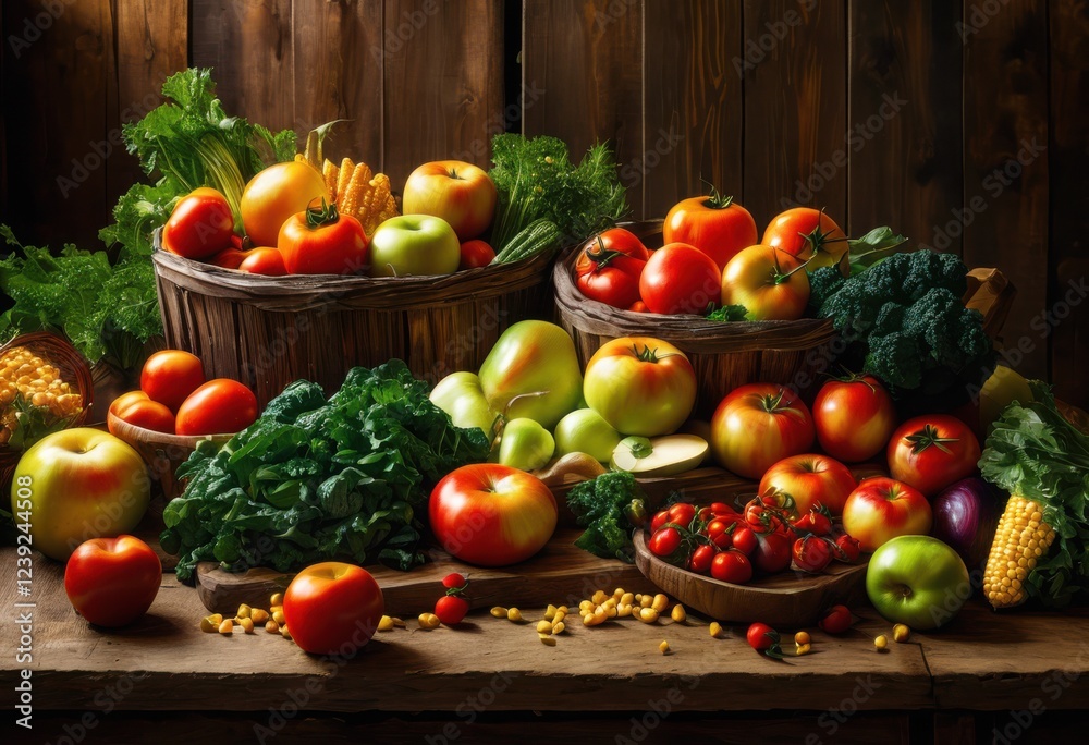 colorful arrangement fresh vegetables fruits spread across rustic wooden table perfect farm table dining experience, herbs, peppers, tomatoes, carrots