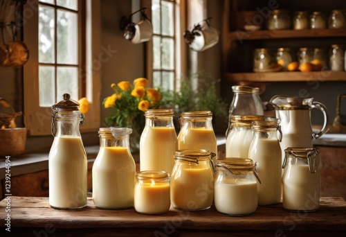 vibrant milk bottles displaying fresh dairy products colorful arrangements brightly lit background, glass, container, cream, beverage, natural, organic photo