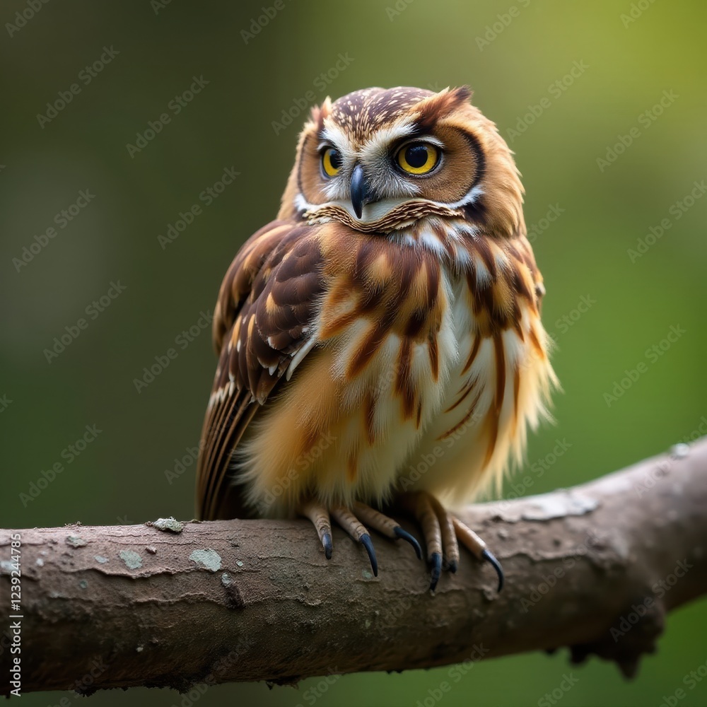 Fototapeta premium Eurasian pygmy owl resting on a weathered branch, alert , feather, bokeh