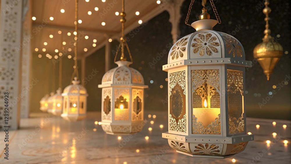 Obraz premium Beautiful ramadan elegant hanging lanterns background mosque background. Muslim holy month Ramadan Kareem