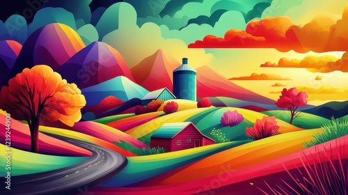 Vibrant Autumn Landscape with Farm Buildings and Winding Road photo