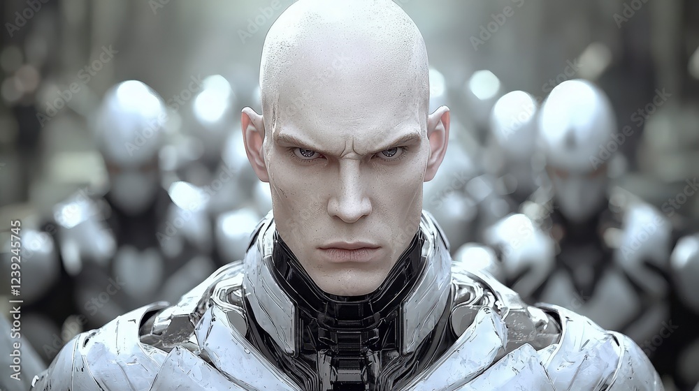 Futuristic humanoid robot in a cyberpunk cityscape with soldiers Futuristic humanoid robot in a cyberpunk cityscape with soldiers