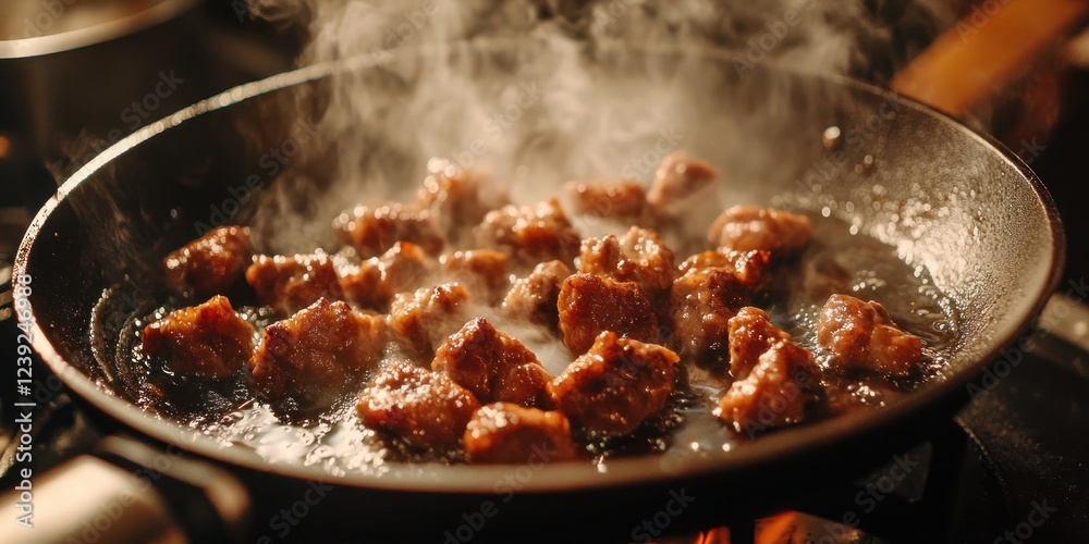 Sizzling Meat Cubes in a Pan: Culinary Delights Sizzling Meat Cubes in a Pan: Culinary Delights