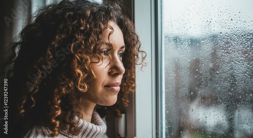 Caucasian female with curly hair looking out rainy window, reflective mood
