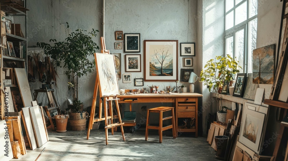 Fototapeta premium Bright and Inspiring Art Studio with Canvas and Plants Inside