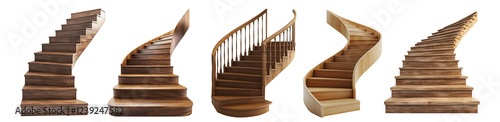 Set collection of circular spiral curved curvature wood wooden step stairs stairway staircase, front view on transparent cutout PNG. Many different style. Mockup template for design

