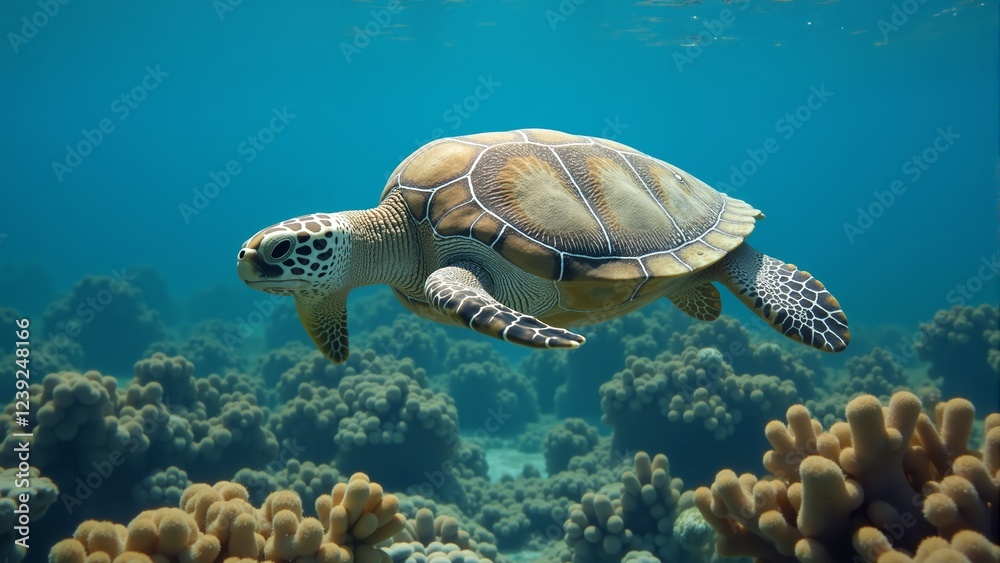 Obraz premium Majestic sea turtle gliding gracefully through vibrant coral reef waters