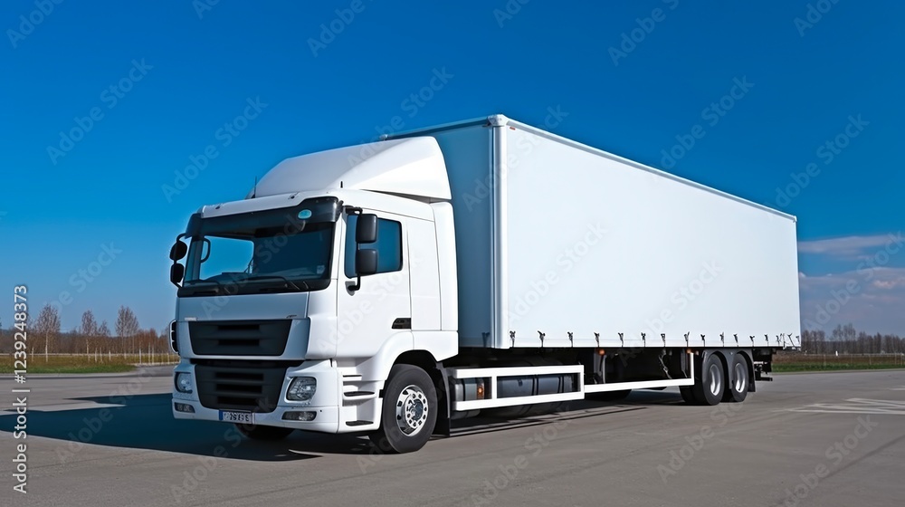 White Lorry with Trailer Hauling Goods Against Blue Sky Background - Commercial Trucking and Transportation Concept White Lorry with Trailer Hauling Goods Against Blue Sky Background - Commercial Trucking and Transportation Concept