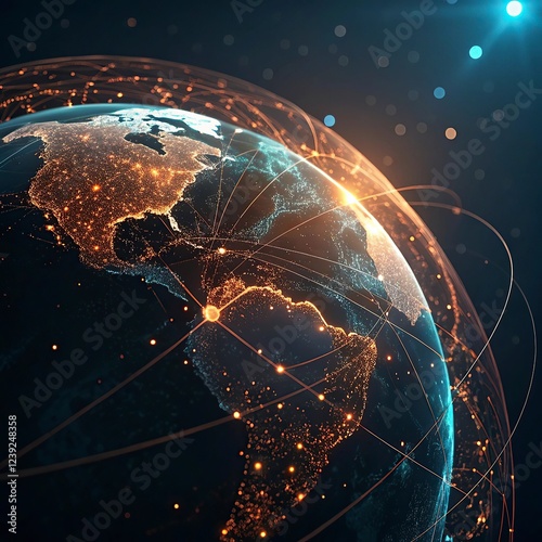 Global network, Earth from space, glowing city lights, interconnected world, digital connections, futuristic planet view, orange and blue glow, satellite communications, global technology, data stream
