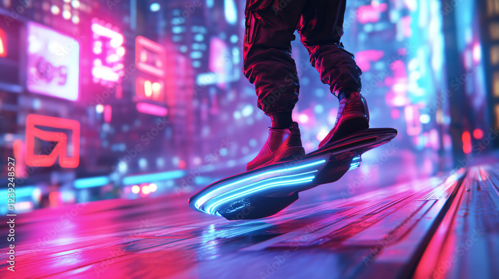 Obraz premium 3D render of a futuristic hoverboard gliding over a neon-lit cityscape.
