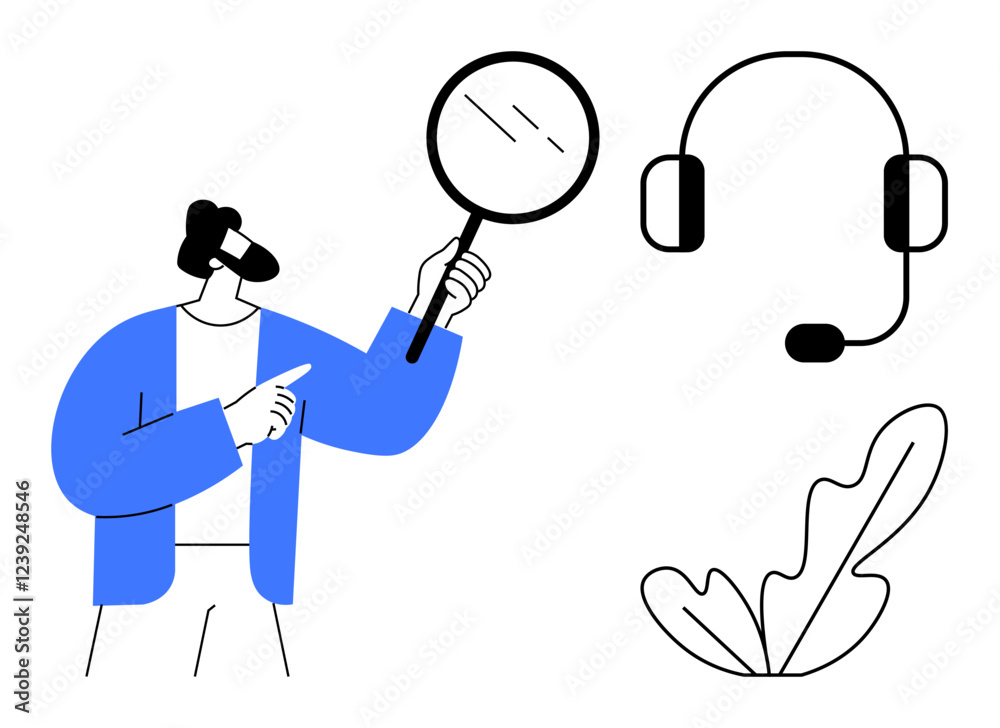 Person holding magnifying glass, headset, leaf element. Ideal for customer service, support, investigation, communication, technology problem-solving and business themes. Black and blue abstract Person holding magnifying glass, headset, leaf element. Ideal for customer service, support, investigation, communication, technology problem-solving and business themes. Black and blue abstract