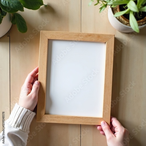 Child's hands hold a photo frame. Photo frame mockup