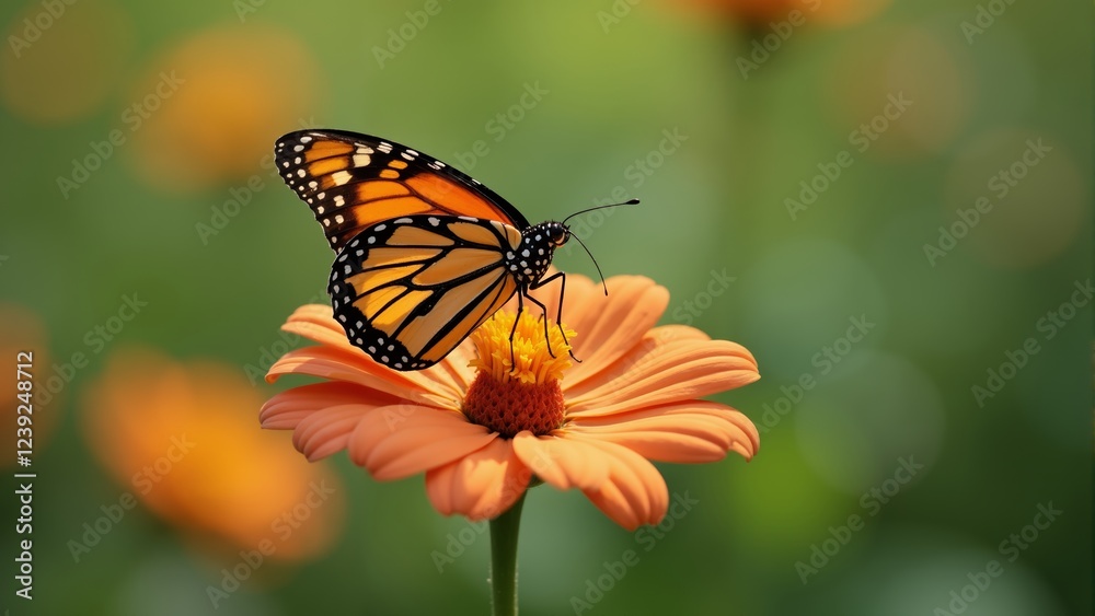 Monarch butterfly delicately rests on vibrant orange flower in a sunlit garden Monarch butterfly delicately rests on vibrant orange flower in a sunlit garden