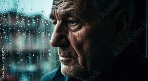 Elderly caucasian male gazing out rainy window, reflective mood photo