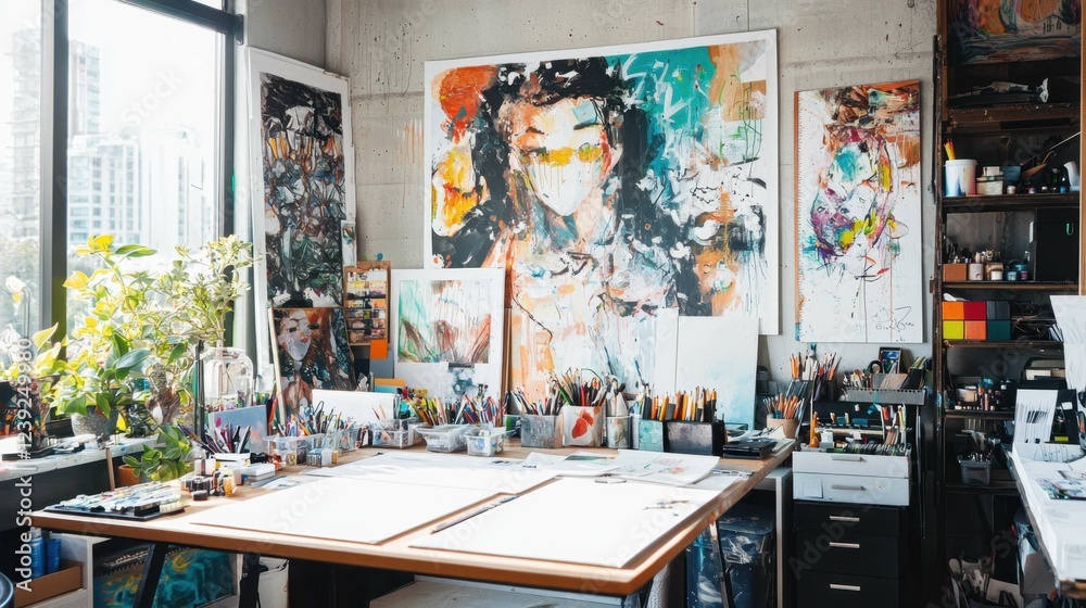 Vibrant Art Studio with Colorful Paintings and Creative Workspace Vibrant Art Studio with Colorful Paintings and Creative Workspace