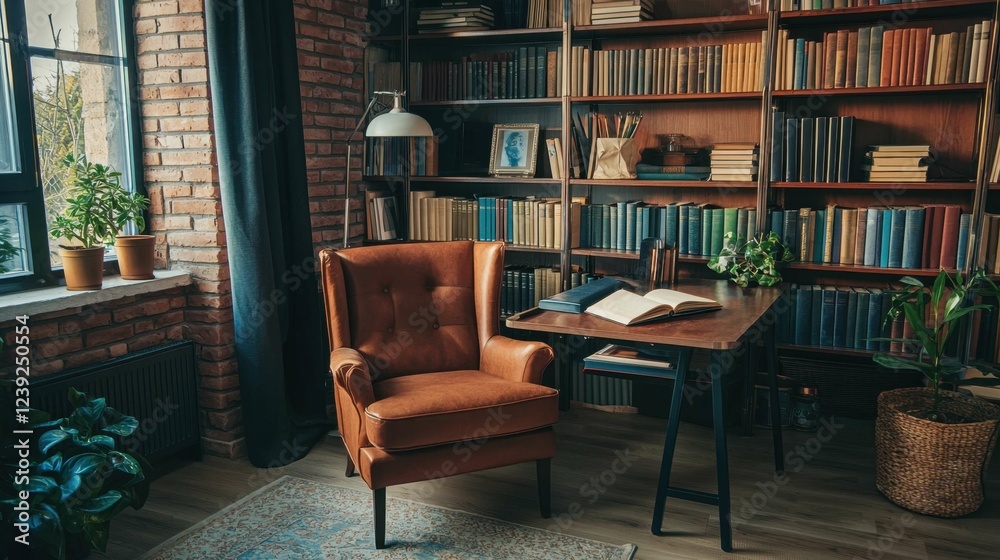 Cozy Reading Corner in a Warm Brick Library Setting Cozy Reading Corner in a Warm Brick Library Setting