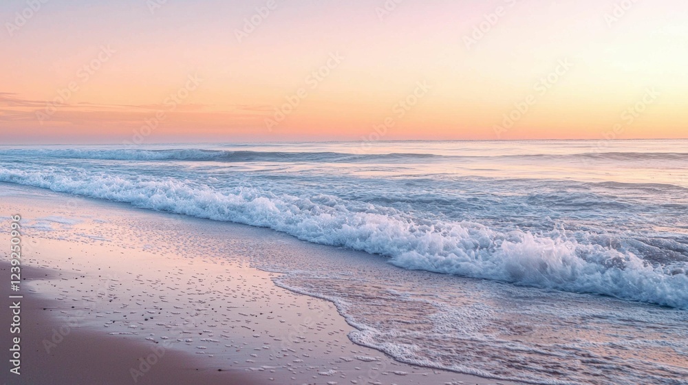 Obraz premium Serene Sunrise Over Calm Ocean Waves on Sandy Beach Shoreline